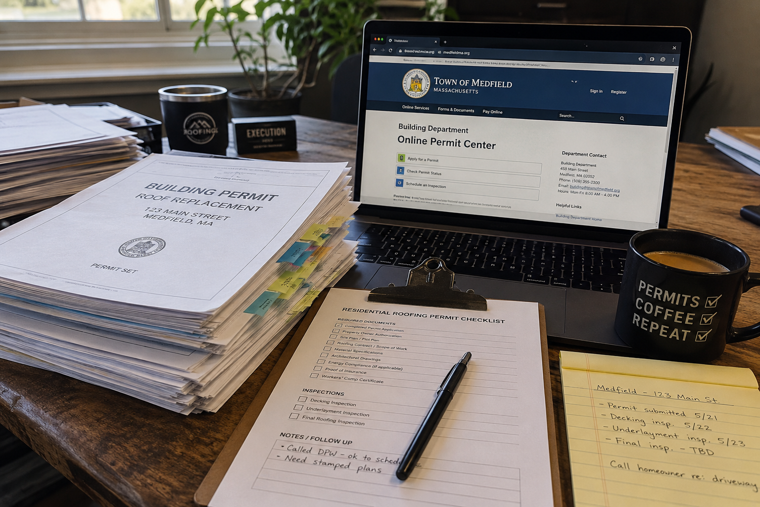 A real desk with a Massachusetts town permit portal open, a building permit packet, a residential roofing permit checklist on a clipboard, and a yellow legal pad tracking inspection dates.